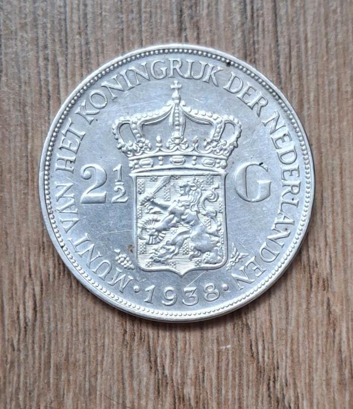 NEDERLANDS 2,5 gulden zilver zilver Wilhelmina 1938, Postzegels en Munten, Munten | Nederland, 2½ gulden, Koningin Wilhelmina