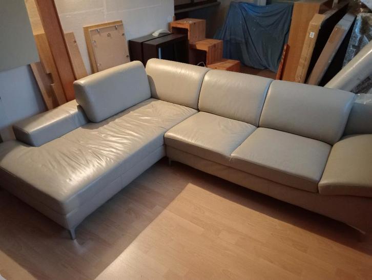 Lederen salon met longchair, Huis en Inrichting, Zetels | Zetels en Chaises Longues, Gebruikt, Vierpersoons of meer, 250 tot 300 cm