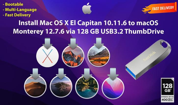 OSX / OS X / macOS Clé USB 7en1 USB3.2 128 Go 10.11.6-12.7.6, Informatique & Logiciels, Systèmes d'exploitation, Neuf, MacOS, Envoi