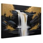Waterval met zwart en goud canvas 60x40cm - 18mm., Huis en Inrichting, Woonaccessoires | Wanddecoraties, Nieuw, Verzenden