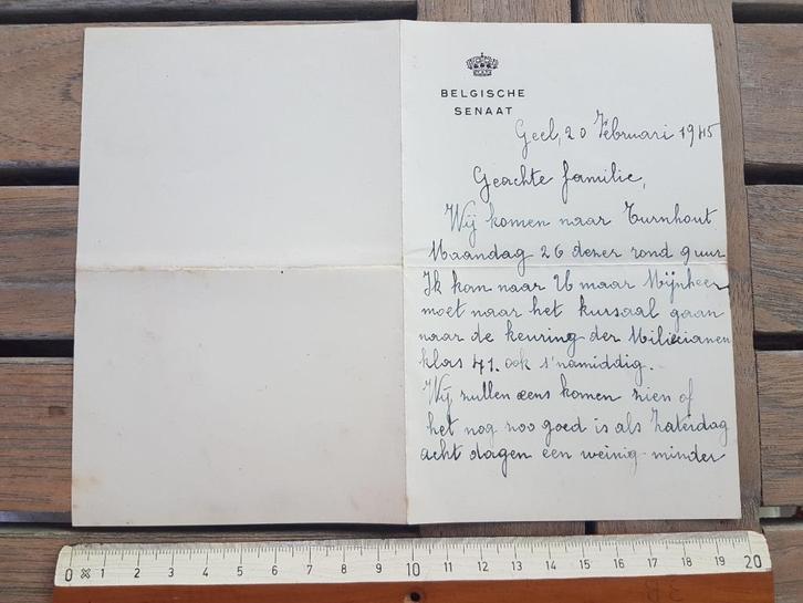 Briefpapier Belgische Senaat Geel 1945 Turnhout, Verzamelen, Geboortekaartjes en Visitekaartjes, Visitekaartje, Voor 1970, Ophalen of Verzenden