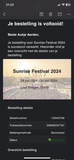 Ticket Sunrise festival volledig weekend met camping+locker, Plusieurs jours, Une personne