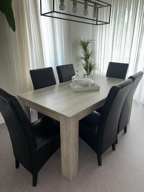Moderne eettafel met 6 stoelen lichtgrijs, Huis en Inrichting, Complete eetkamers, Gebruikt, Ophalen