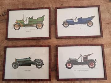 Set van 4 vintage auto-illustraties – ingekaderd beschikbaar voor biedingen