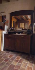 Meuble bas avec tablette en marbre et miroir, Ophalen, Eikenhout