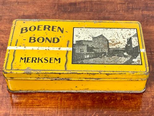 Boîte en fer blanc ancienne BOERENBOND MERKSEM, Collections, Boîte en métal, Utilisé, Enlèvement ou Envoi