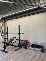 Squat/bench stands, bench, 250KG, olympische bar, dumbells, Sports & Fitness, Équipement de fitness, Enlèvement ou Envoi