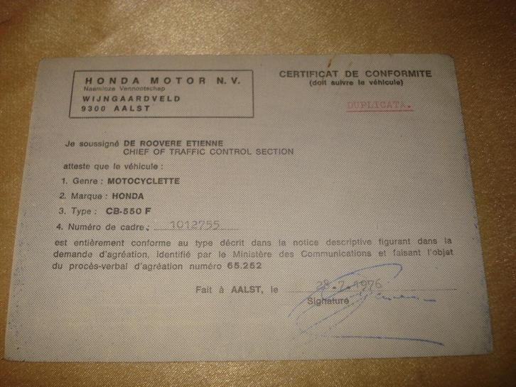 Ancien Certificat Conformité Moto Honda CB-550 F 1976, Motoren, Handleidingen en Instructieboekjes, Honda, Ophalen of Verzenden