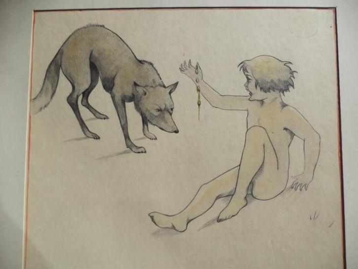 ca1923 Germaine HAGEMANS pastel gouache Mowgli & wolf studie, Antiek en Kunst, Kunst | Schilderijen | Modern, Ophalen of Verzenden