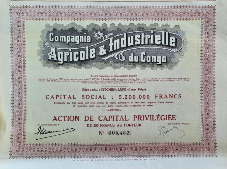 Compagnie Agricole & Industrielle du Congo - Kitomesa Lufu, Postzegels en Munten, Aandelen en Waardepapieren, Aandeel, 1920 tot 1950