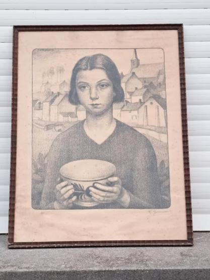 lithographie jeune fille au bol signe fernand gommaerts, Antiek en Kunst, Ophalen of Verzenden