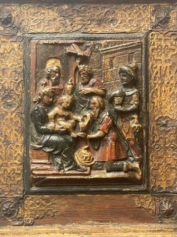 Polychrome Mechelse albast in originele kader  rond 1600 beschikbaar voor biedingen