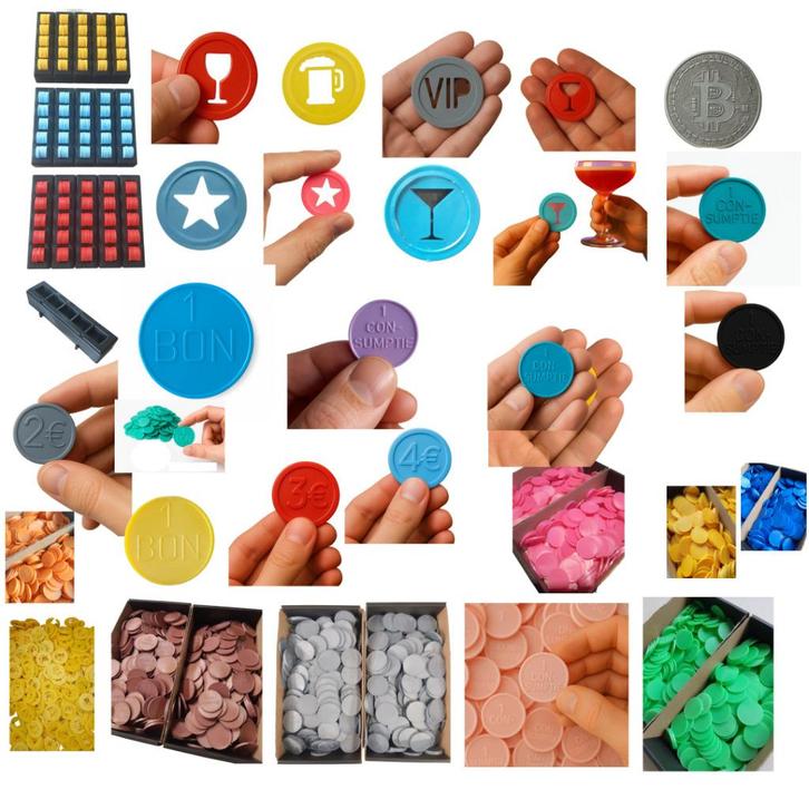Kunststof Jetons - betaalmunten - 20 kleuren - 20 modellen, Hobby en Vrije tijd, Feestartikelen, Nieuw, Feestartikel, Ophalen of Verzenden
