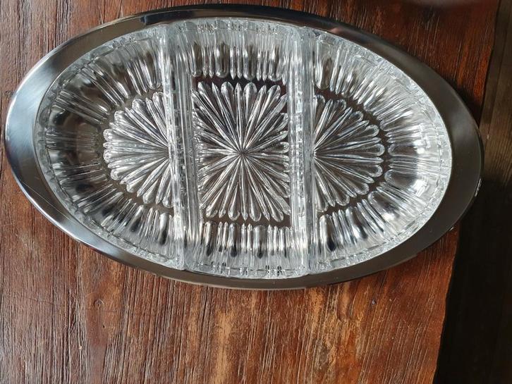 Demeyere dienblad met 3 afzonderlijke glazen schalen, Antiek en Kunst, Antiek | Schalen, Ophalen of Verzenden