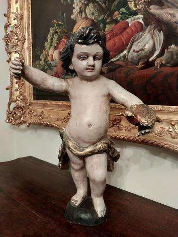 Antieken houten putti beeld 74cm beschikbaar voor biedingen