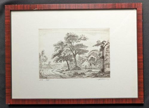 illisible - gravure - paysage avec une ferme - encadré, Antiquités & Art, Art | Eaux-fortes & Gravures, Enlèvement ou Envoi