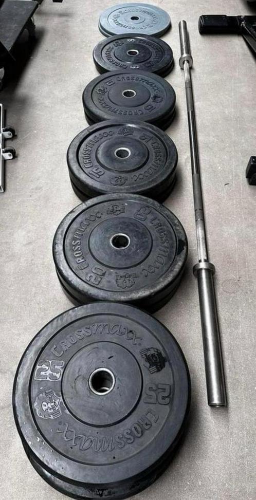 155kg Crossmaxx Bumperplates + Crossmaxx Barbell 220cm,20kg, Sport en Fitness, Fitnessmaterialen, Gebruikt, Halterschijven, Ophalen