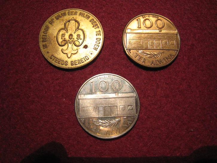 Scoutisme metalen munten x 3 Fos & VVKS, Verzamelen, Scouting, Zo goed als nieuw, Embleem, Speld of Insigne, Verzenden