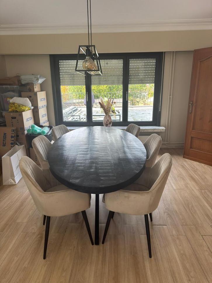 6 stijlvolle eetkamerstoelen Beige velvet - zeer goede staat, Huis en Inrichting, Stoelen, Zo goed als nieuw, Metaal, Zwart, Ophalen