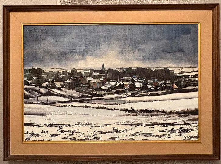 Groot modern impressionistisch winterlandschap Pajottenland, Antiek en Kunst, Kunst | Schilderijen | Klassiek, Ophalen of Verzenden