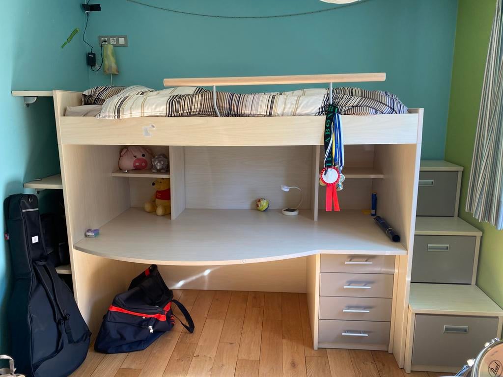 Vandermeeren hoogslaper met bureau (inclusief matras), Kinderen en Baby's, Kinderkamer | Stapelbedden en Hoogslapers, Zo goed als nieuw