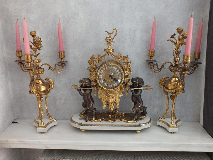 prachtige antieke franse schouwklok pendule + 2 kandelaars, Antiquités & Art, Antiquités | Horloges, Enlèvement