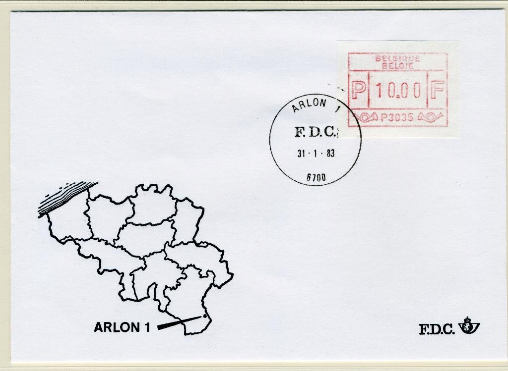 (B) ATM35 FDC Envelop 1983 - Arlon 1 (P3035), Met envelop, Ophalen of Verzenden, Gestempeld, 1e dag stempel