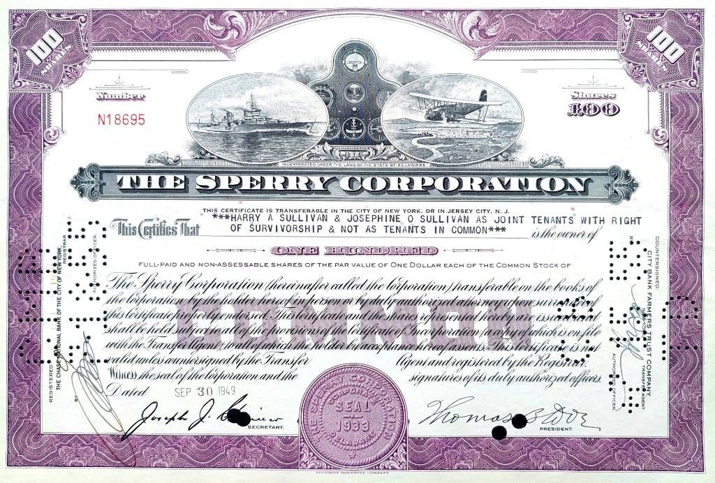 The Sperry Corporation 1949, Postzegels en Munten, Aandelen en Waardepapieren, Ophalen of Verzenden, 1920 tot 1950, Certificaat van aandeel