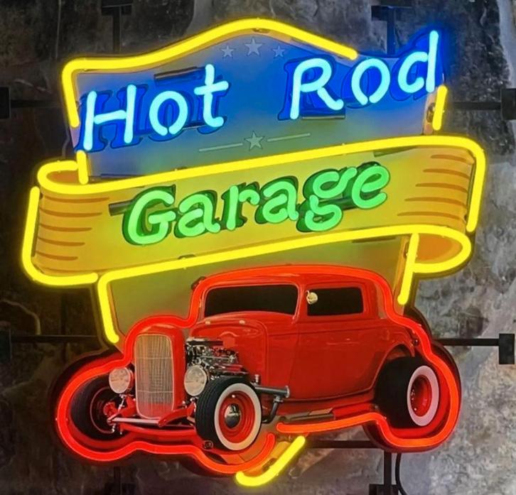 Hotrod garage neon en veel andere USA mancave showroom neons, Collections, Marques & Objets publicitaires, Neuf, Table lumineuse ou lampe (néon)