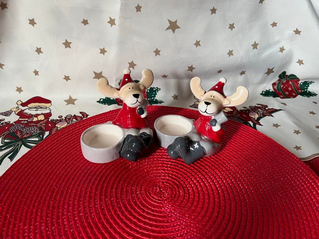 Duo van geëmailleerde keramische rendierkandelaars, Diversen, Kerst, Ophalen, Zo goed als nieuw