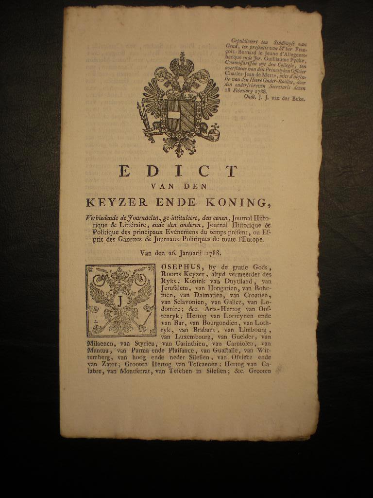plakkaat 1788 Vlaanderen onder Jozef II, Antiek en Kunst, Antiek | Boeken en Manuscripten, Ophalen of Verzenden, Diverse auteurs