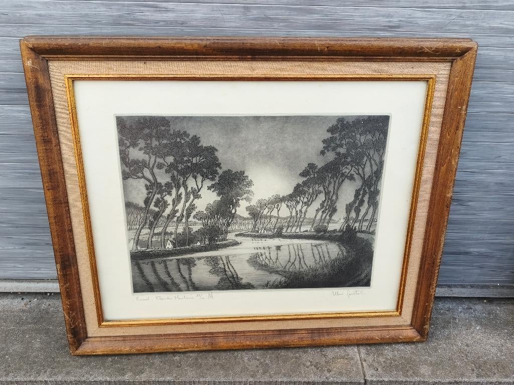 Gravure canal flandre maritime signe Albert goethals, Antiek en Kunst, Kunst | Etsen en Gravures, Ophalen of Verzenden