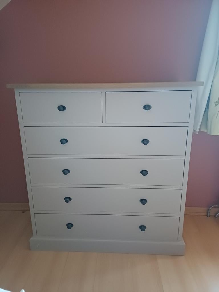 Commode 6 tiroirs pin patiné + tablette chêne massive, Maison & Meubles, Pin