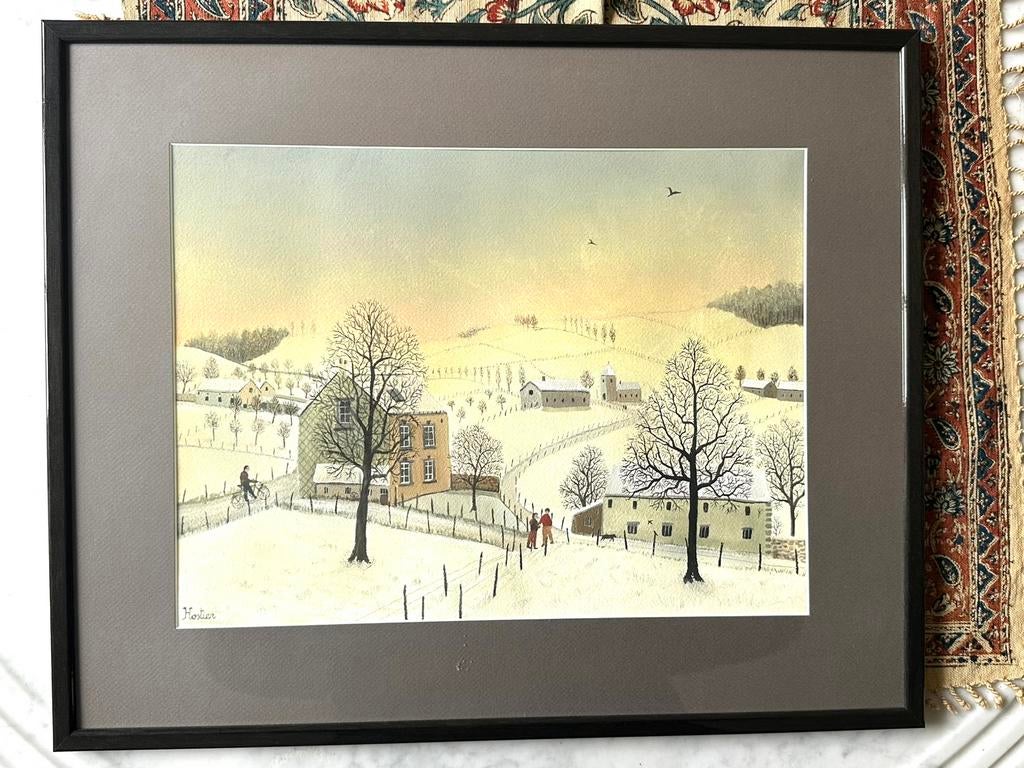 Aquarelle encadrée – Jean-Pierre Hostier – Paysage hivernal, Antiek en Kunst, Kunst | Schilderijen | Klassiek, Ophalen