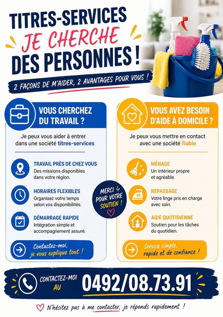 Emploie ou aide a domicile, Offres d'emploi, Emplois | Nettoyage & Services techniques