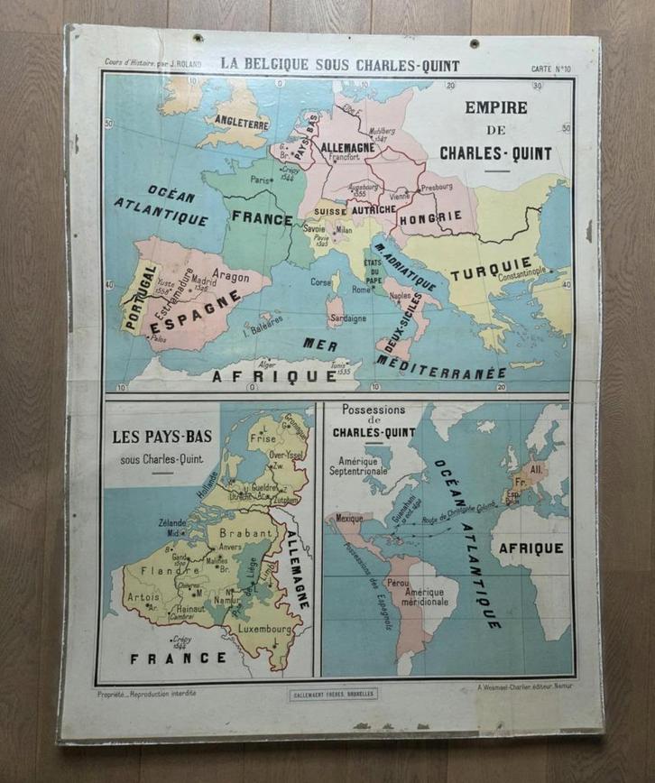 Oude kaart van België onder Karel V 130 x 100 cm, Antiek en Kunst, Antiek | Schoolplaten, Ophalen