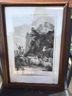 Oude gavure ‘Le Berger Content’ in kader, Antiek en Kunst, Ophalen
