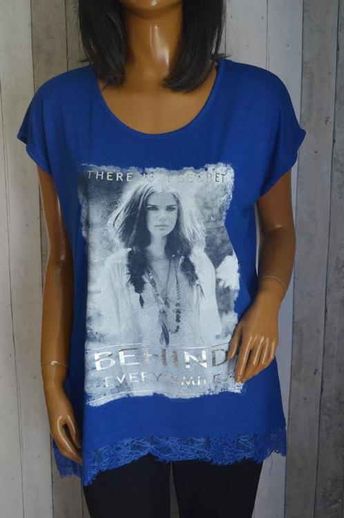 C&A Yessica Topje There is a ...every smile blauw Large, Kleding | Dames, Topjes, Zo goed als nieuw, Maat 42/44 (L), Blauw, Korte mouw