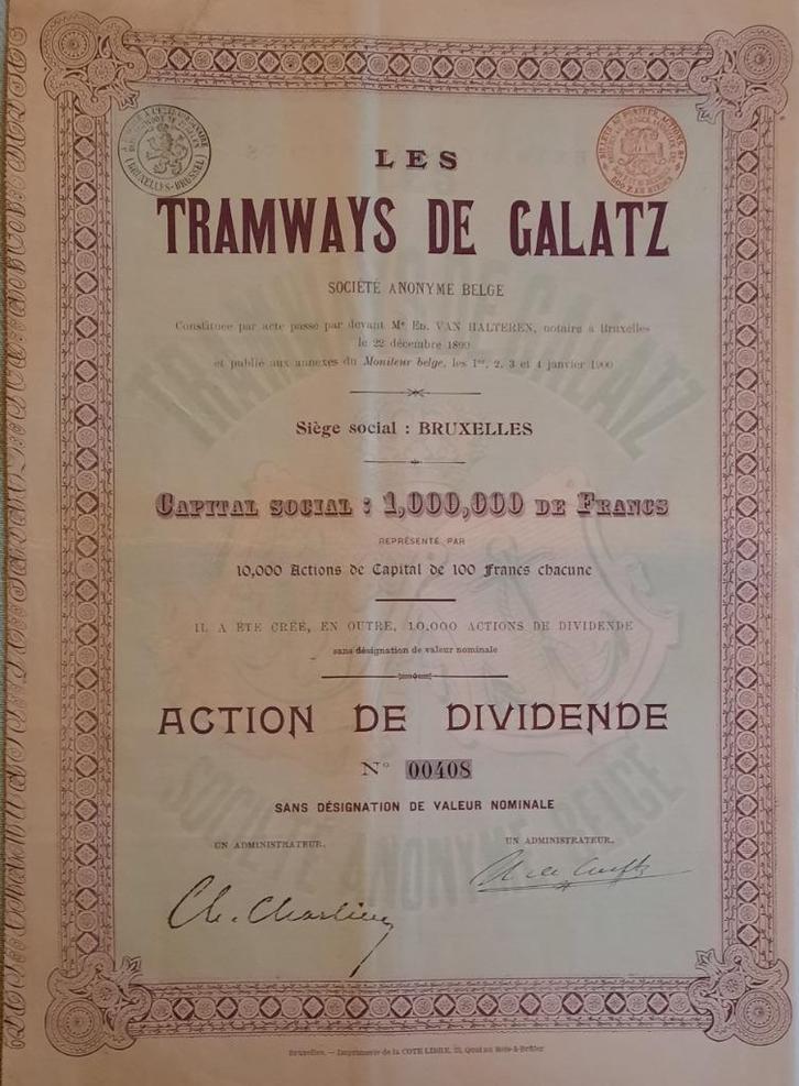Les Tramways de Galatz - Bruxelles - 1900, Postzegels en Munten, Aandelen en Waardepapieren, Aandeel, Voor 1920, Ophalen of Verzenden