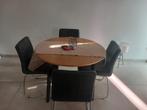 Mooie ronde tafel met 4 zwarte lederen stoelen, Ophalen, Zo goed als nieuw