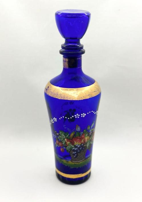 Vintage kobaltblauwe karaf met bloemenpatroon, Antiek en Kunst, Antiek | Glaswerk en Kristal, Ophalen of Verzenden