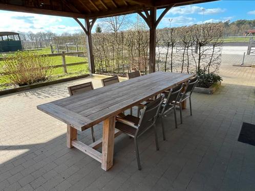 Teak tafel en inox stoelen met houten leuning afwerking, Tuin en Terras, Tuinmeubel-accessoires, Zo goed als nieuw, Ophalen