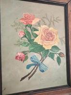 1930s brocante schilderij op paneel bloemen romantisch rozen, Antiek en Kunst, Ophalen of Verzenden