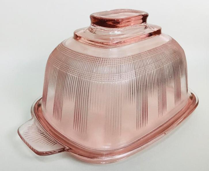 Antiek vintage Art Deco depression glas voorraad boterschaal, Antiek en Kunst, Curiosa en Brocante, Ophalen of Verzenden