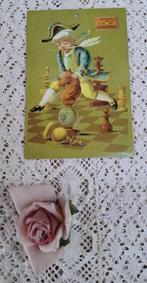 Klein Frans metalen plaatje, nostalgisch kind met schaakbord, Ophalen of Verzenden