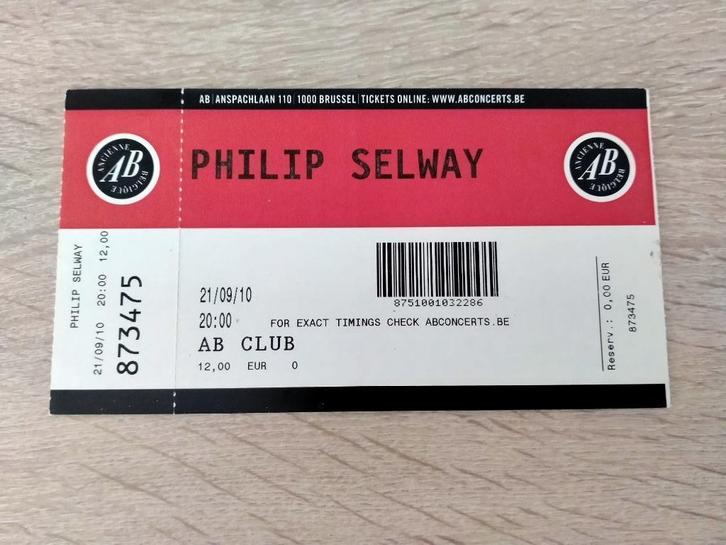 Philip Selway (Radiohead) AB Club-concertticket 21/09/2010, Verzamelen, Muziek, Artiesten en Beroemdheden, Gebruikt, Overige typen