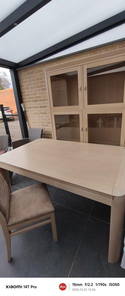 Tafel, stoelen, vitrinekast, Huis en Inrichting, Tafels | Eettafels, Gebruikt, 200 cm of meer, 50 tot 100 cm, Vijf personen of meer