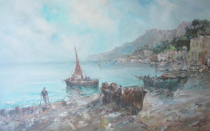 "Vissers op het strand" - Mario Passoni (1929), Antiquités & Art, Art | Peinture | Classique, Enlèvement