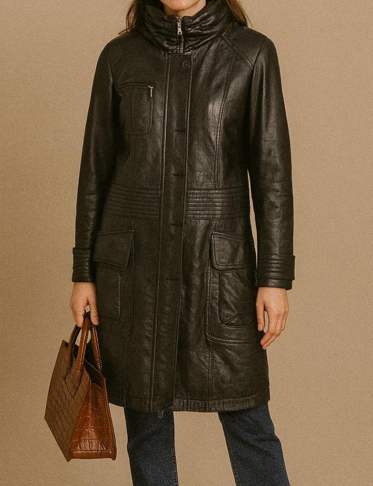 Giovanni vintage leren mantel maat 36/38, Kleding | Dames, Jassen | Winter, Zo goed als nieuw, Maat 36 (S), Zwart, Ophalen of Verzenden