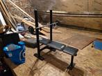 Bench opdrukbank met barre en paar gewichten, Sport en Fitness, Ophalen, Zo goed als nieuw